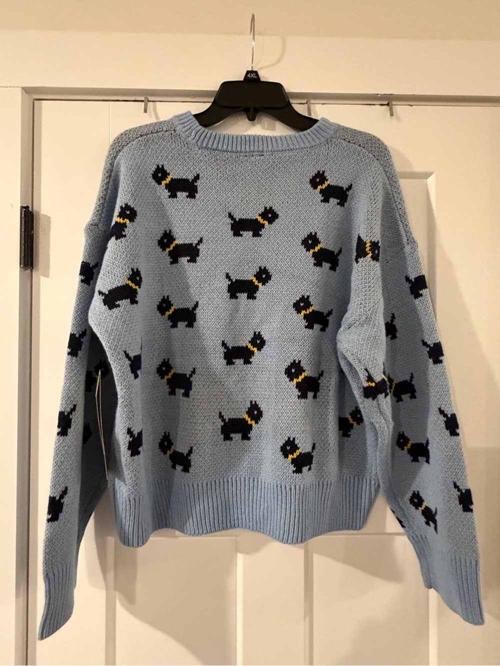 No Boundaries Light Blue Crewneck Sweater with Black and Yellow Dog Pattern